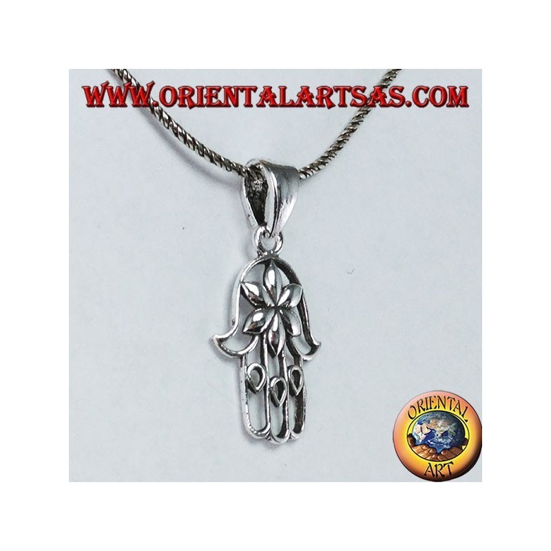 Silberne Anhängerhand von Fatima Hamsa oder Khamsa mit Blume der Liebe