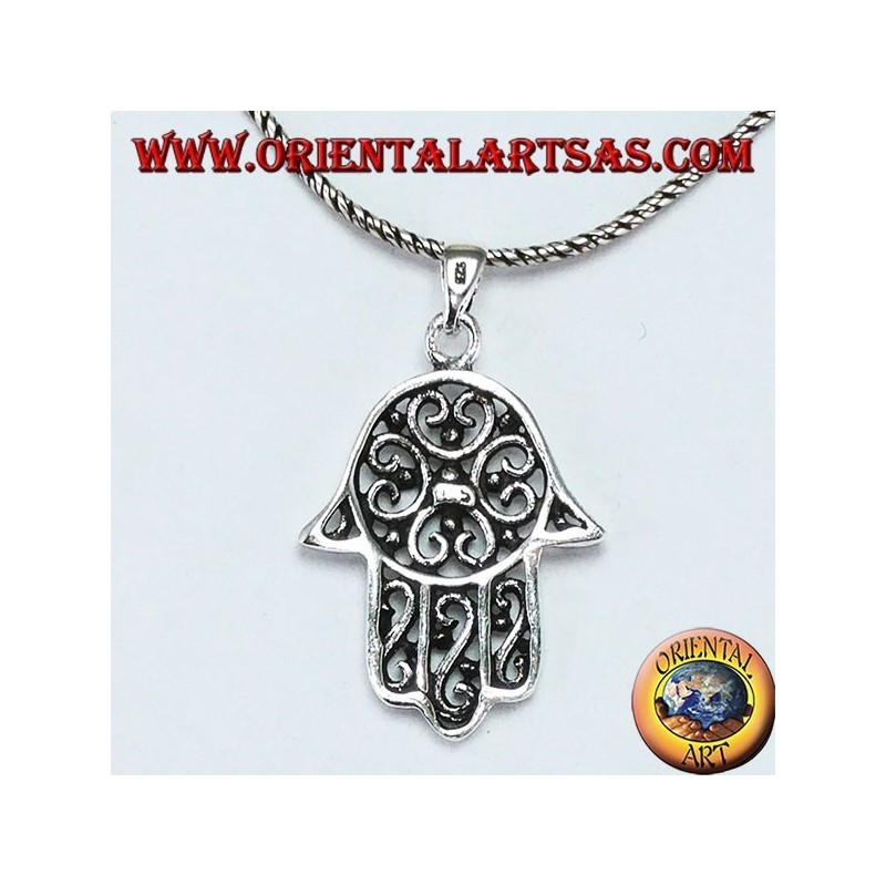 Hand of Fatima hand of Miriam Hamsa with pendant in pierced silver