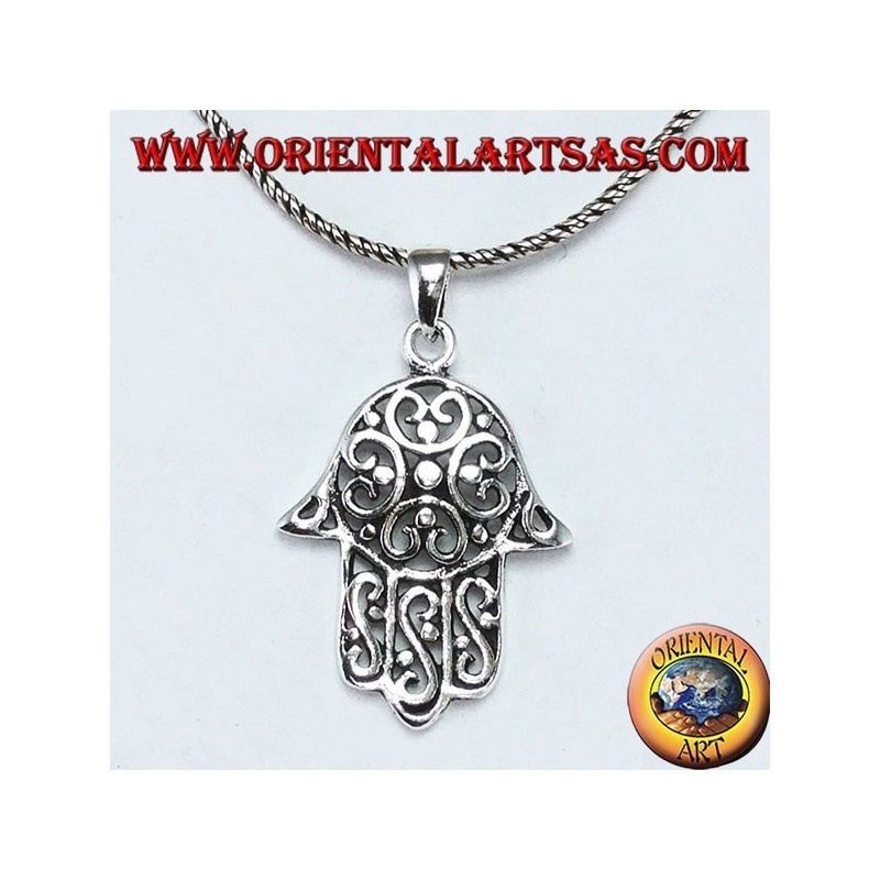 Ciondolo mano di Fatima  o di Miriam Hamsa in argento 925‰ traforata fiore