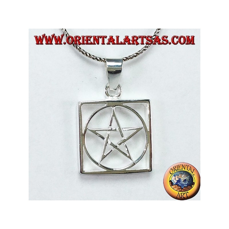 Silver pendant with braided pentagram surrounded by a circle in the square
