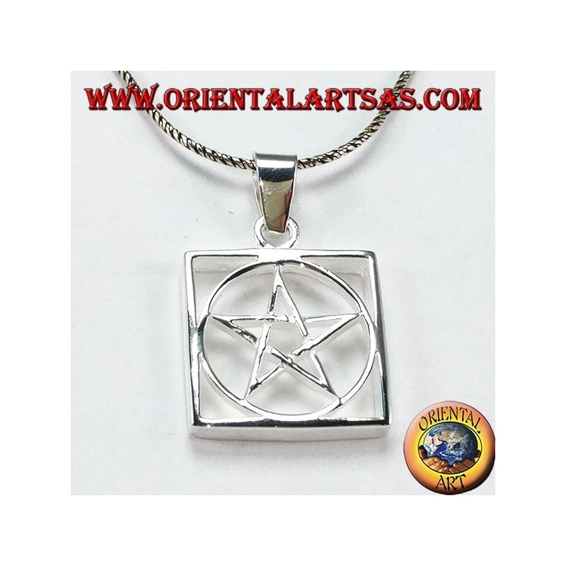 Silver pendant with braided pentagram surrounded by a circle in the square