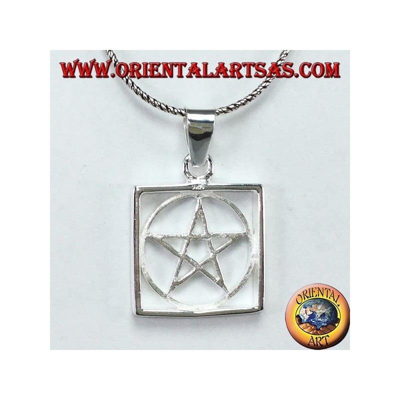 Silver pendant with braided pentagram surrounded by a circle in the square