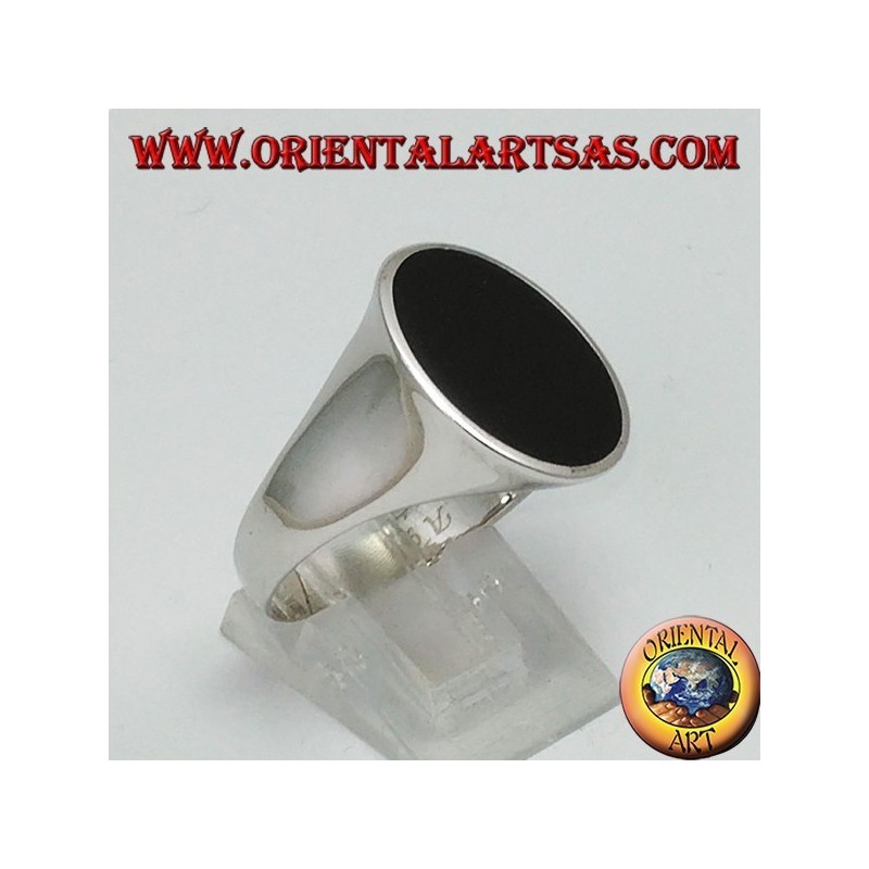 Bague en argent avec onyx plat rond (grand)