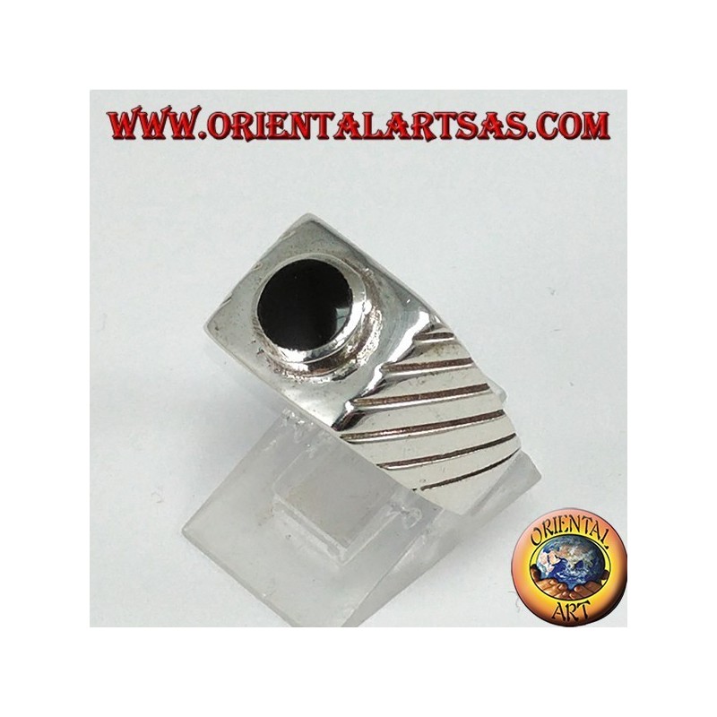 Silver ring with raised round onyx on a square base