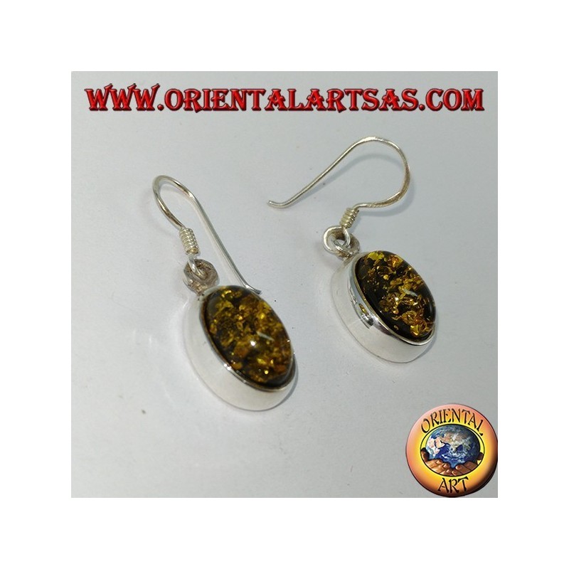 Boucle d'oreille pendante avec ambre ovale vert en argent