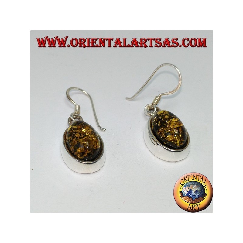 Pendant earring with green oval amber in silver