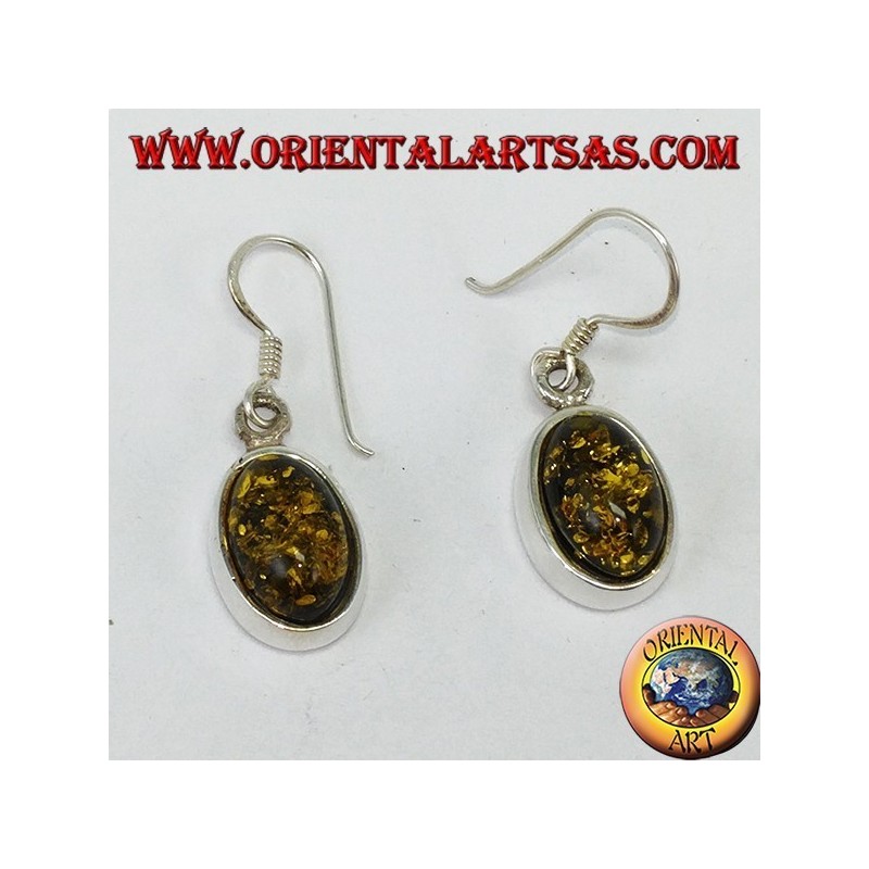 Orecchino pendente con Ambra verde ovale in argento