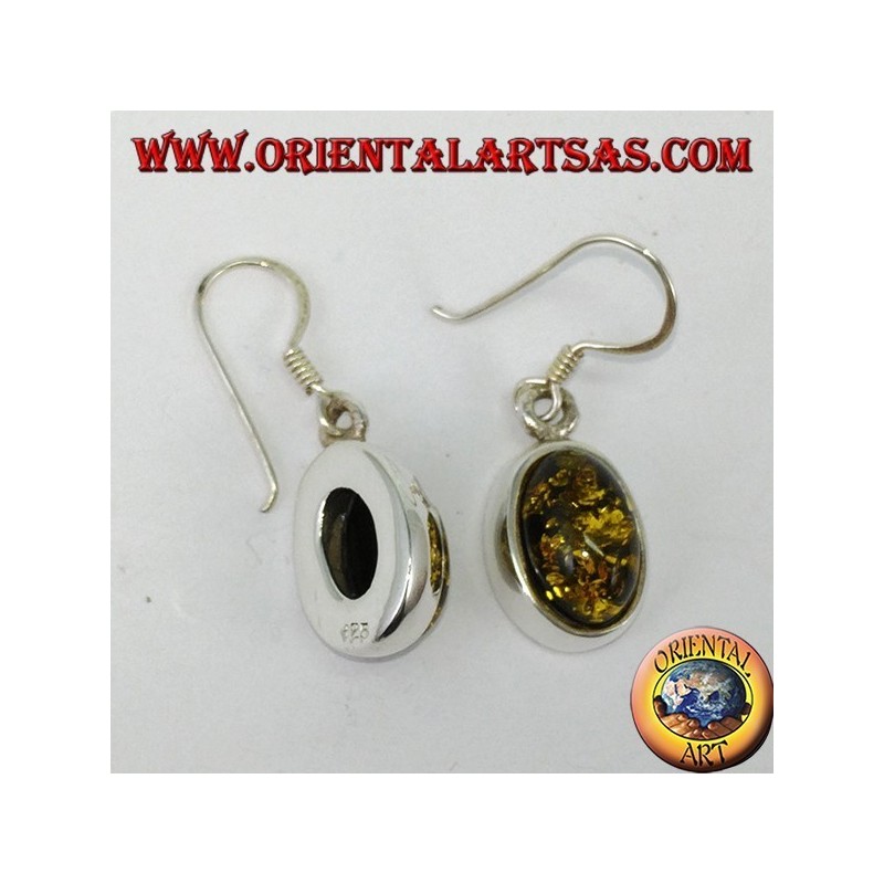 Pendant earring with green oval amber in silver