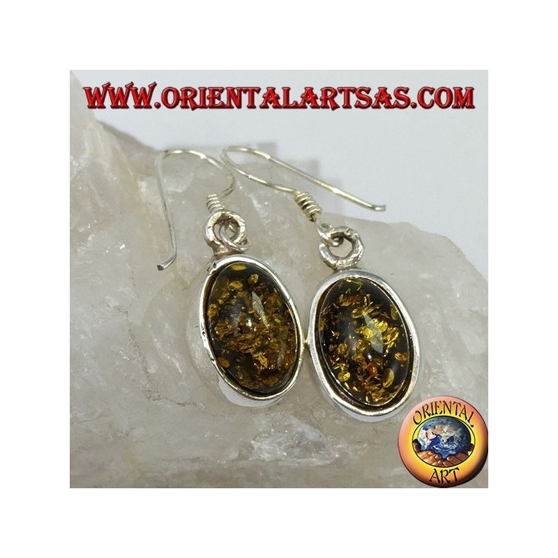 Orecchino pendente con Ambra verde ovale in argento