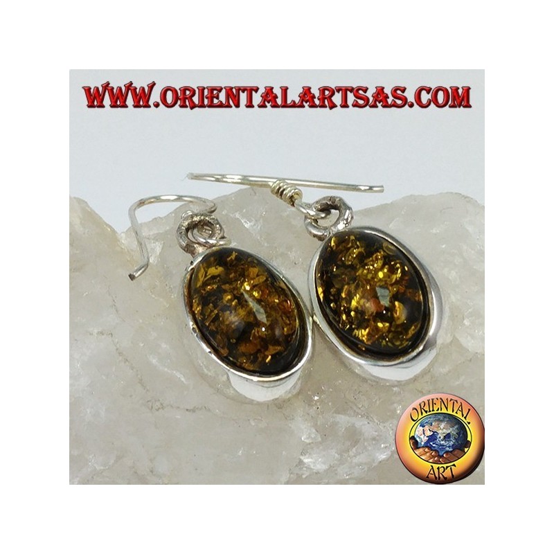 Boucle d'oreille pendante avec ambre ovale vert en argent