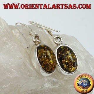 Pendiente colgante con ámbar oval verde en plata