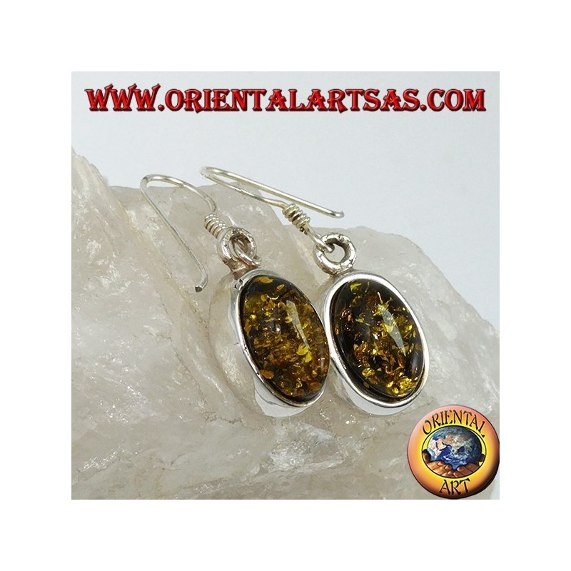 Pendant earring with green oval amber in silver