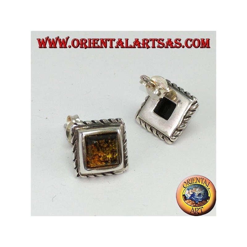 Boucle d'oreille pendante avec ambre ovale vert en argent