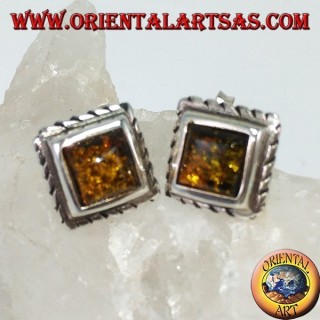 Boucle d'oreille pendante avec ambre ovale vert en argent