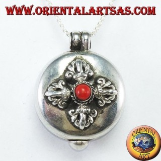 Gao Kalachakra pendant in silver with double dorje and coral