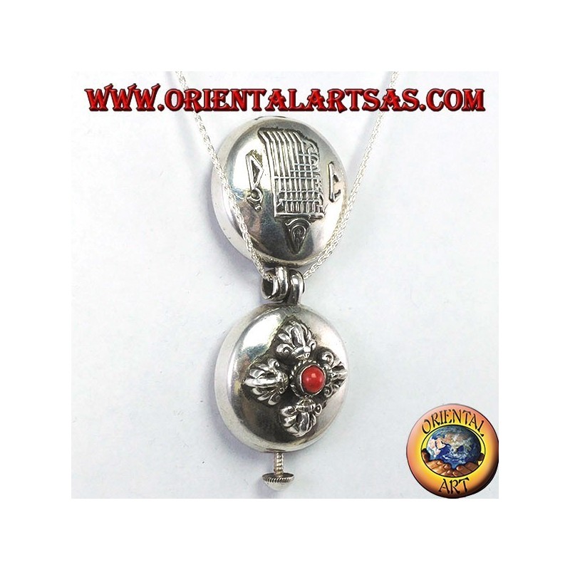Gao Kalachakra pendant in silver with double dorje and coral