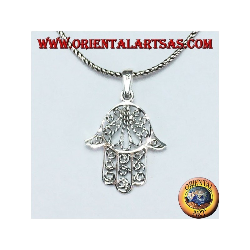 Hand pendant of Fatima or Miriam Hamsa in 925 ‰ silver filigree workmanship