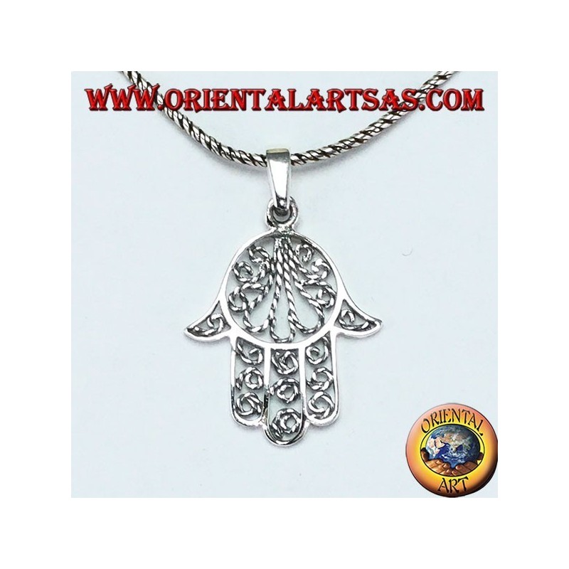 Pendentif main de Fatima ou Miriam Hamsa en argent 925 fil filigrané