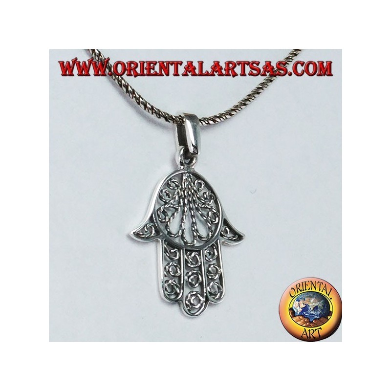 Hand pendant of Fatima or Miriam Hamsa in 925 ‰ silver filigree workmanship