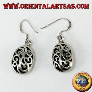Silver pendant earrings with double-faced pierced ovals