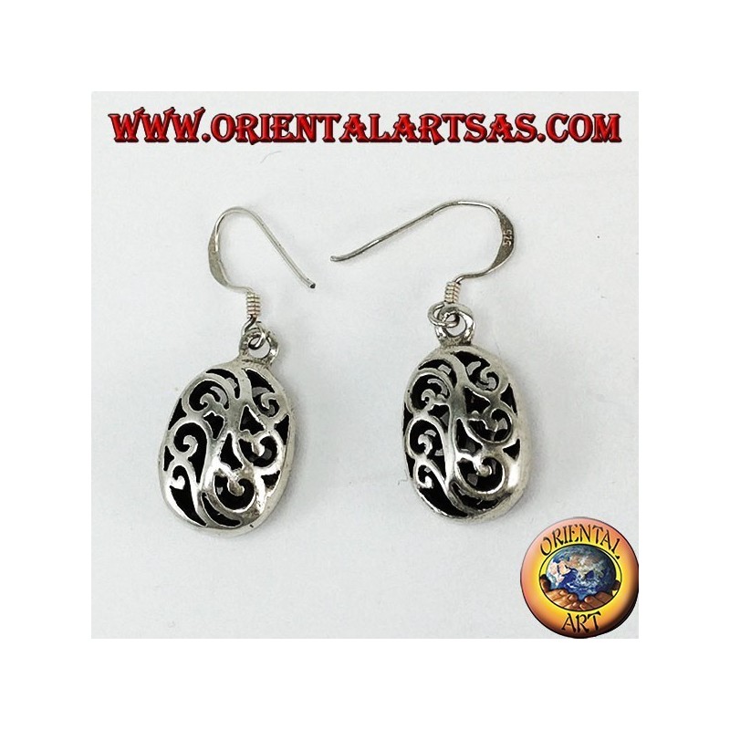 Silver pendant earrings with double-faced pierced ovals