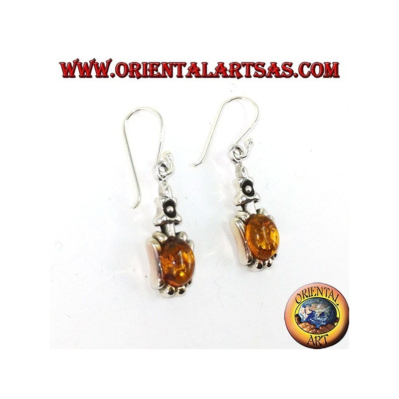 Silver pendant earrings with oval amber