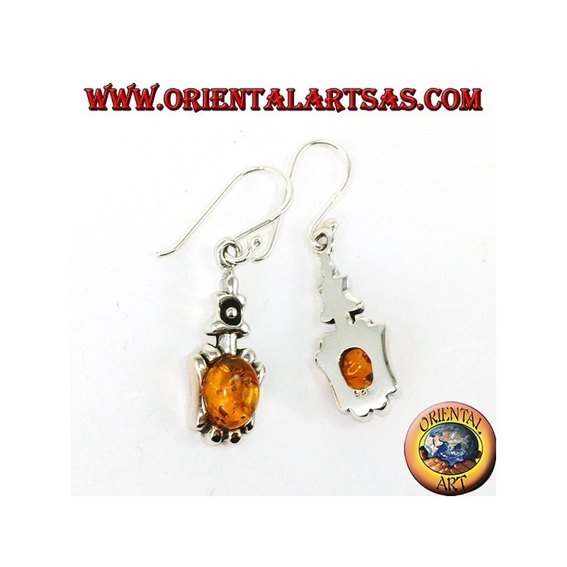 Silver pendant earrings with oval amber
