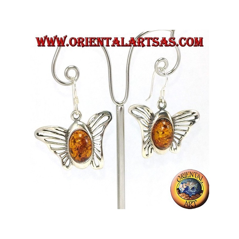 Silver butterfly earrings with oval amber