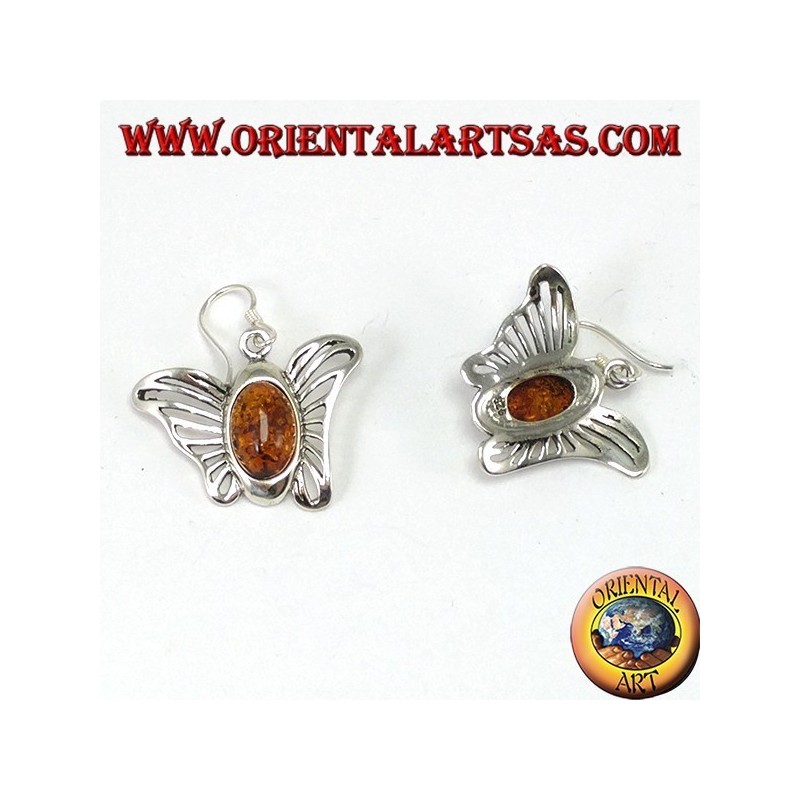 Silver butterfly earrings with oval amber