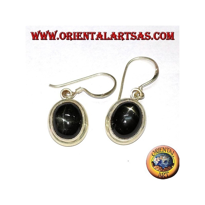 Silver drop earrings with Black star (starry Diopside) oval