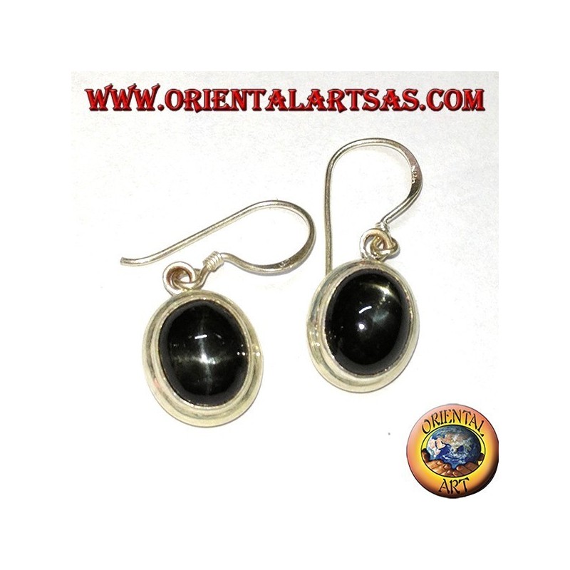 Silver drop earrings with Black star (starry Diopside) oval