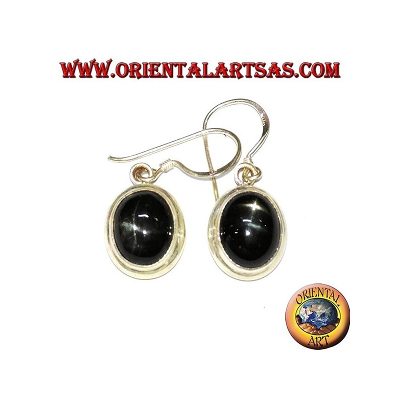 Boucles d'oreilles en argent avec étoile noire (Diopside étoilé) ovale