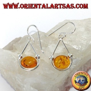 Simple pendant silver earrings with oval amber