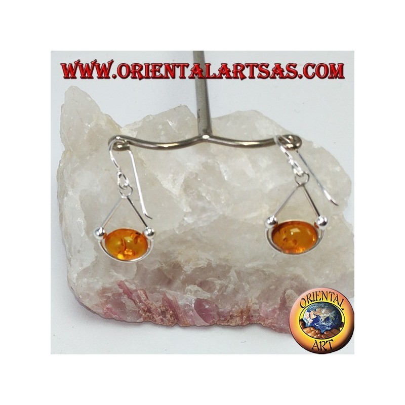 Simple pendant silver earrings with oval amber