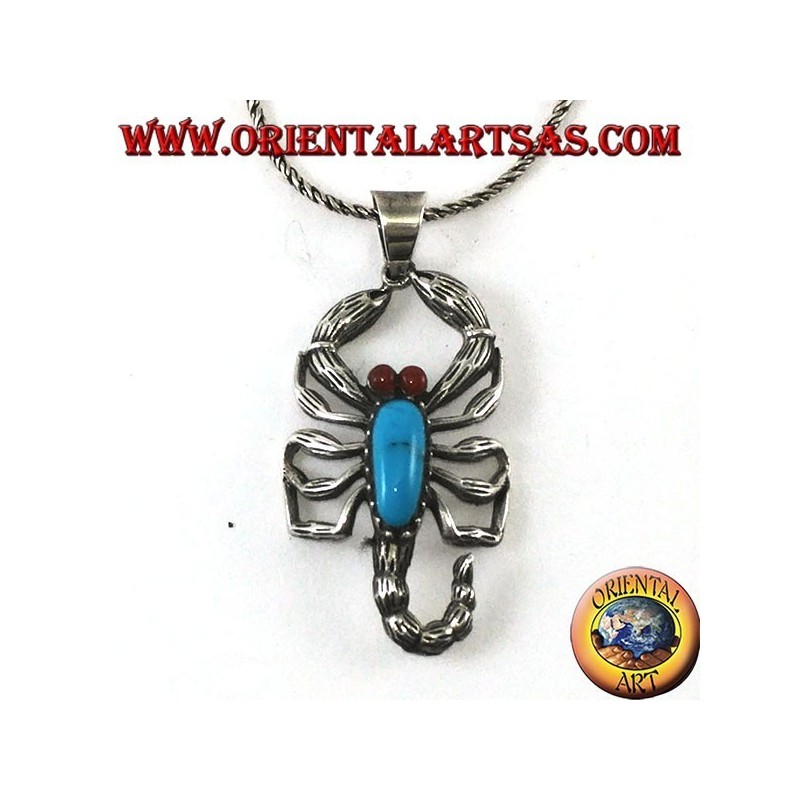 Silver pendant, scorpion with turquoise and carnelian eyes