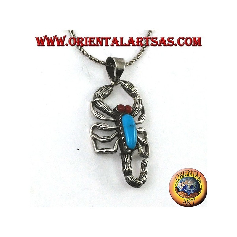 Silver pendant, scorpion with turquoise and carnelian eyes