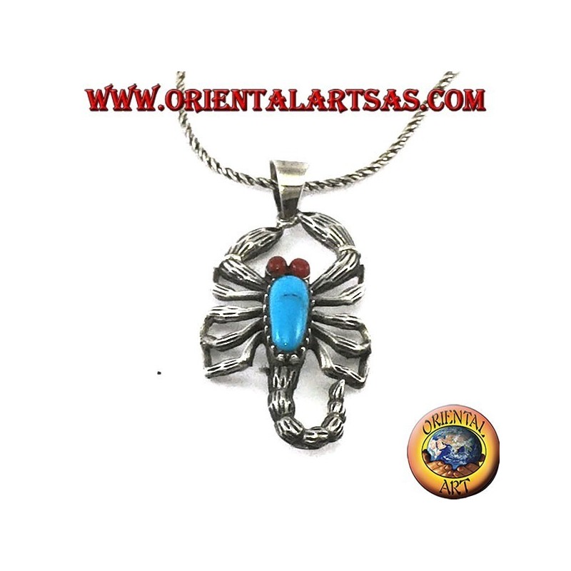Colgante de plata, escorpión con ojos color turquesa y cornalina