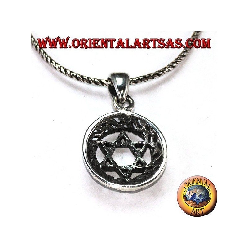 Silver pendant with a star of David intertwined with six points with decorations around
