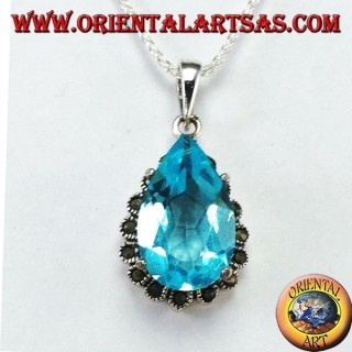 Pendentif en argent avec topaze bleue en forme de goutte avec marcassites