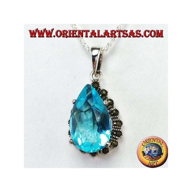 Ciondolo in argento con Topazio blu a goccia contornata di marcassiti