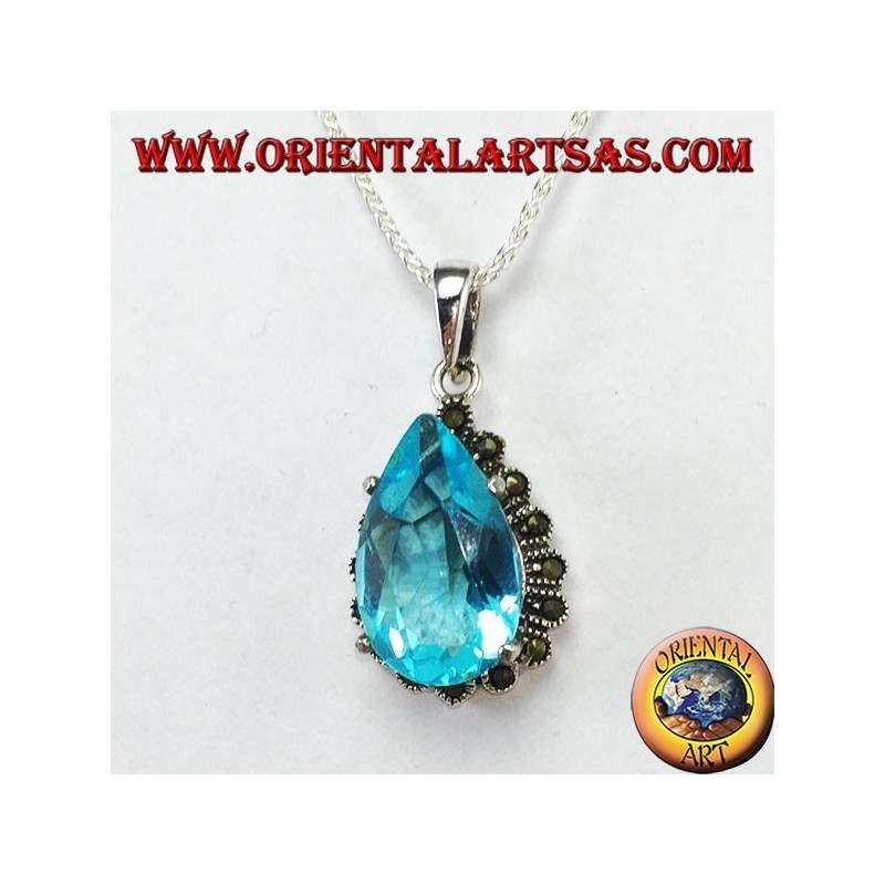 Colgante de plata con topacio azul en forma de gota con marcasitas