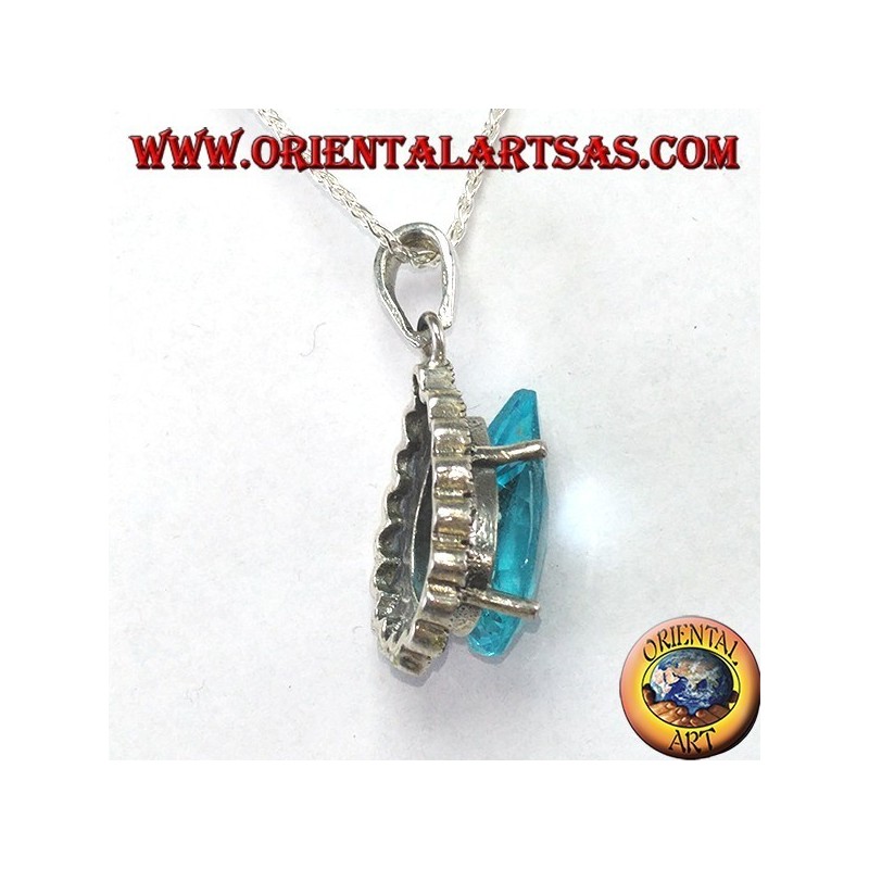 Silver pendant with blue drop-shaped Topaz with marcasites