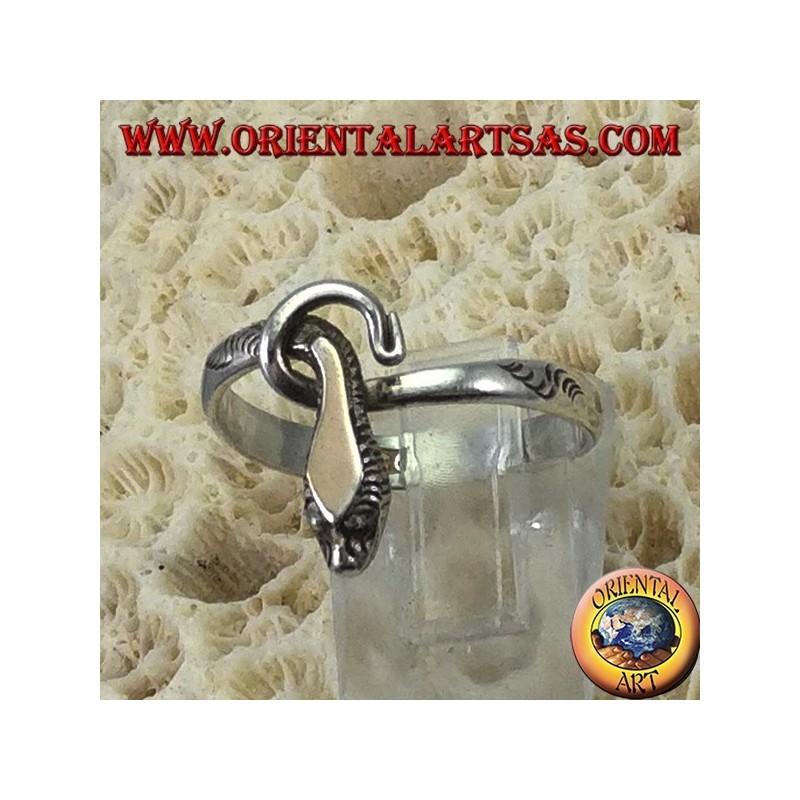 Anillo en serpiente de plata con una placa de oro sobre la cabeza