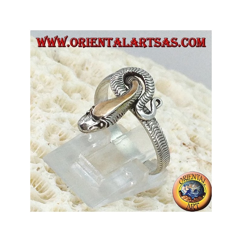 Full snake silver ring with gold plate above the head