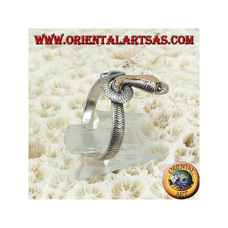Anillo de plata en forma de una serpiente entera con una placa dorada sobre la cabeza