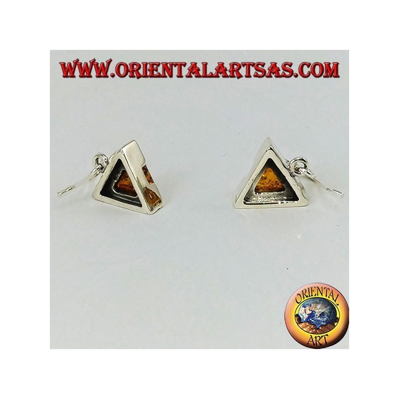 Orecchini in argento pendente semplice con ambra triangolare
