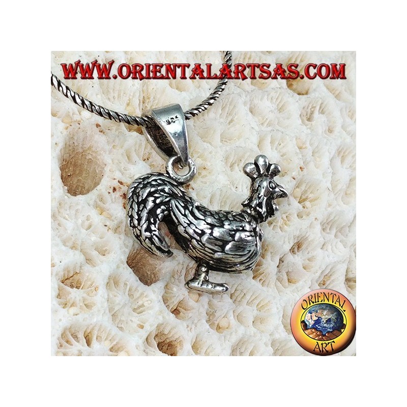 Colgante de gallo tridimensional de plata