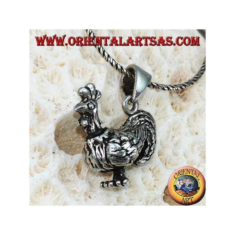 Colgante de gallo tridimensional de plata
