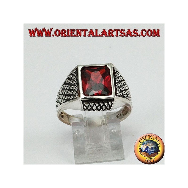 Silver men's ring with rectangular faceted garnet