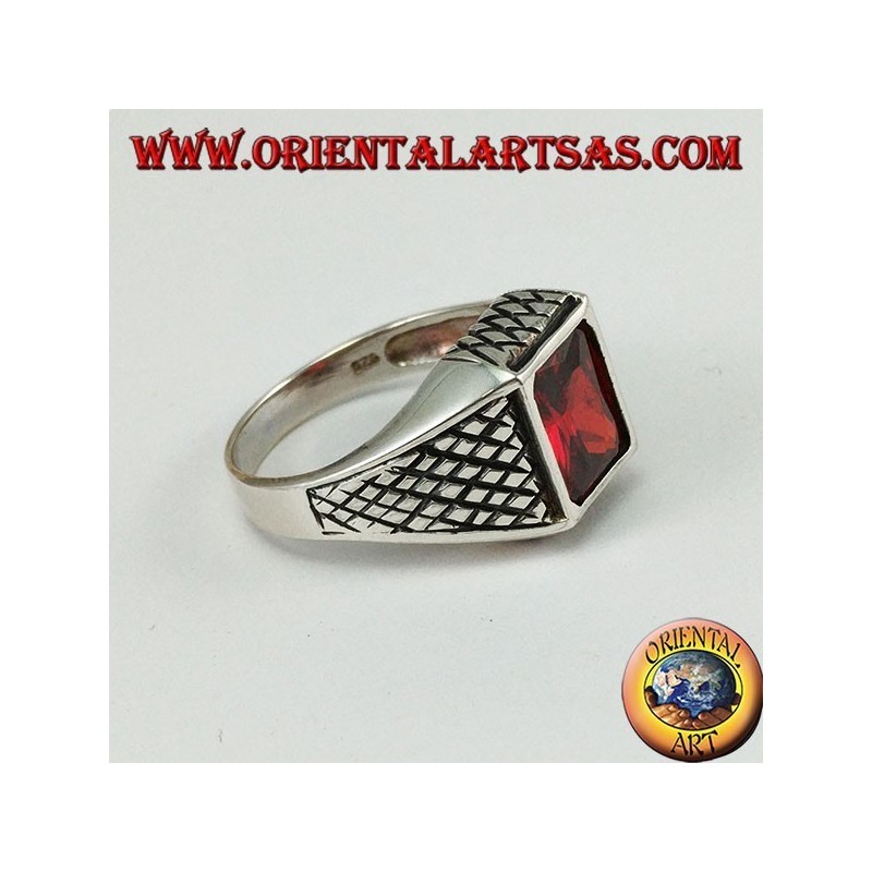 Silver men's ring with rectangular faceted garnet